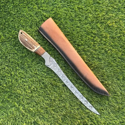 Fillet Knife 13" Custom Handmade J2 Steel Etched Blade with Stag Horn Wood Handle – Precision Cutting for Fishing & Kitchen Use
