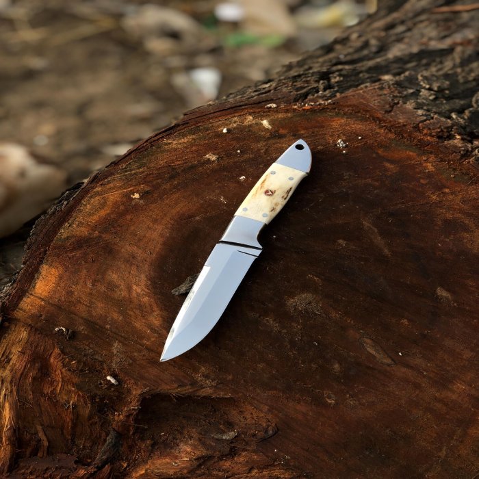 D2 Steel Fixed Blade Hunting Knife with Stag Horn Handle and Leather Sheath