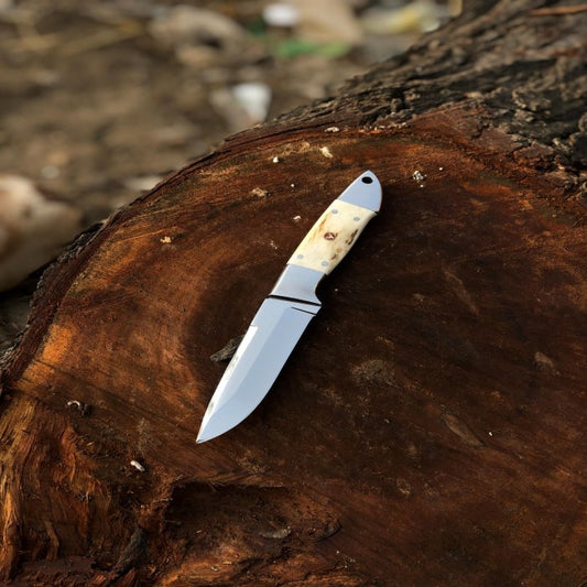D2 Steel Fixed Blade Hunting Knife with Stag Horn Handle and Leather Sheath