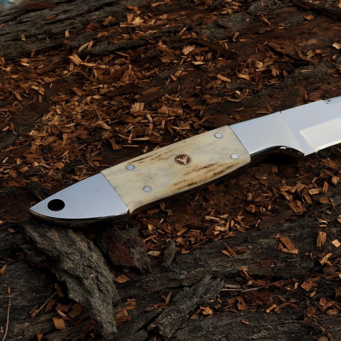 D2 Steel Fixed Blade Hunting Knife with Stag Horn Handle and Leather Sheath