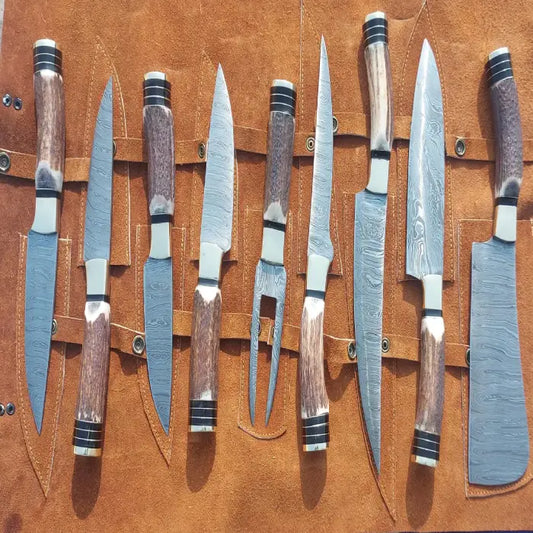 Handmade 9 pcs Damascus Steel Chef / Kitchen knife set Stag Horn Handle, Leather Bag gift for her gift for him birthday gift