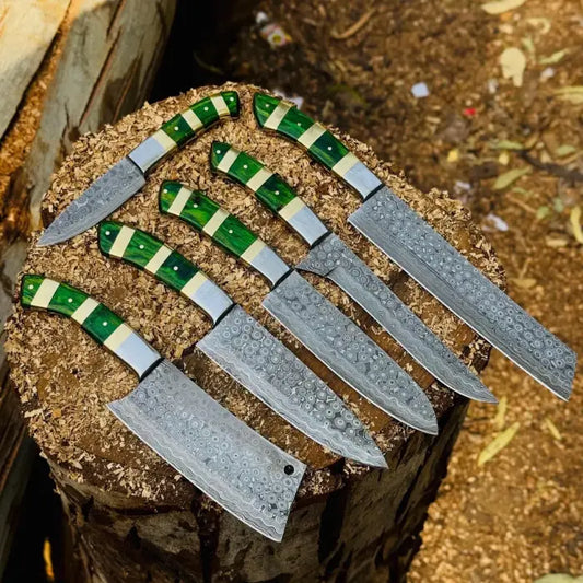 Hand-Forged Chef Knife Set | Damascus Steel Kitchen Knives with Wooden Handle | Cooking Set Gift for Him or Her