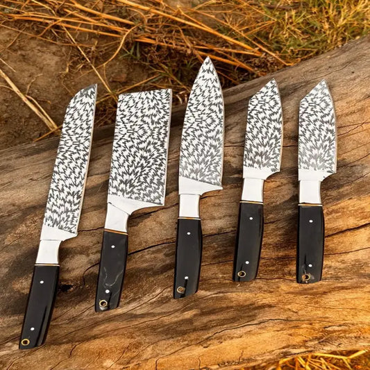 Hand Forged D2 Steel Chef Knife Set: 5-Piece Etched Blade