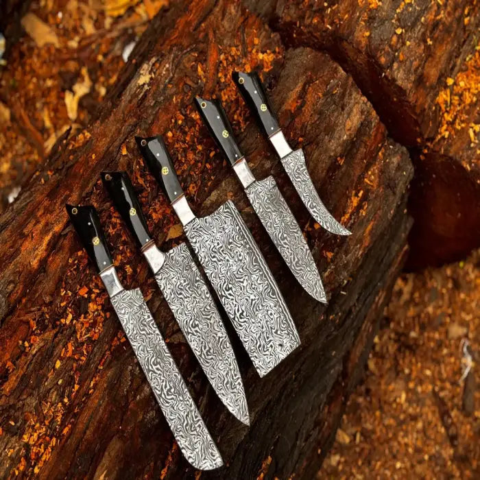 Hand Forged D2 Steel Chef Knife Set: 5-Piece Etched Blade