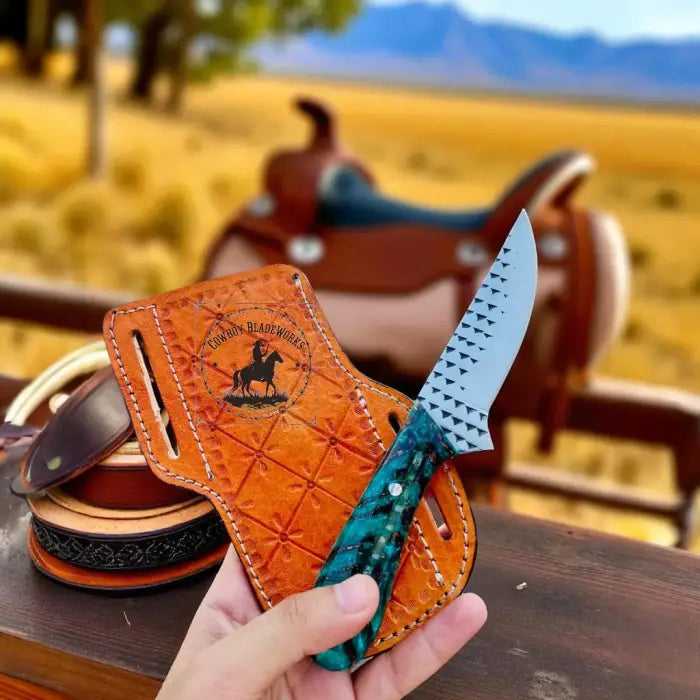 Handmade Cowboy Belt Knife: Green Epoxy Pine Cone Handle, Pancake Leather Sheath