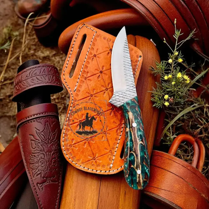 Handmade Cowboy Belt Knife: Green Epoxy Pine Cone Handle, Pancake Leather Sheath