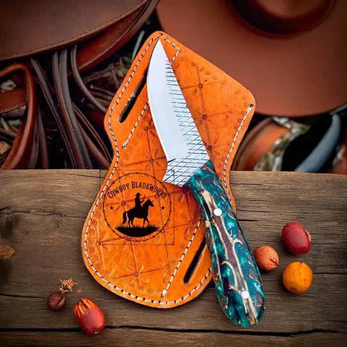 Handmade Cowboy Belt Knife: Green Epoxy Pine Cone Handle, Pancake Leather Sheath
