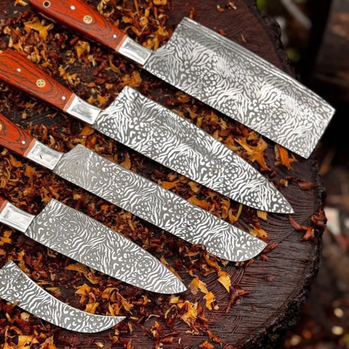Hand Forged D2 Steel Chef Knife Set: 5-Piece Etched Blade