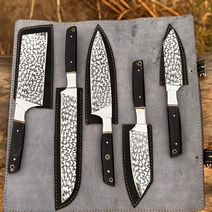 Hand Forged D2 Steel Chef Knife Set: 5-Piece Etched Blade