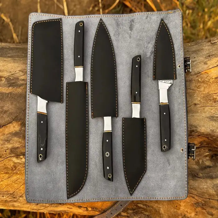 Hand Forged D2 Steel Chef Knife Set: 5-Piece Etched Blade