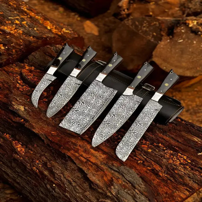 Hand Forged D2 Steel Chef Knife Set: 5-Piece Etched Blade