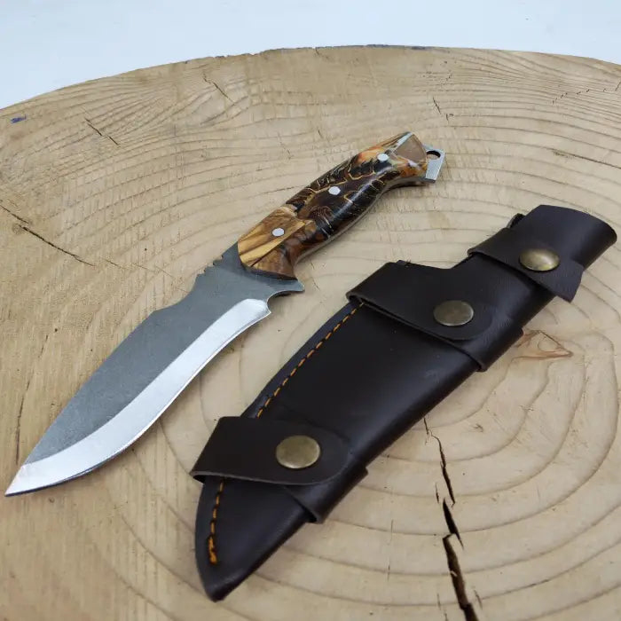 Custom Hunting Knife: Stainless Steel Blade, Epoxy Handle, Leather Sheath