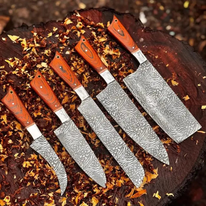Hand Forged D2 Steel Chef Knife Set: 5-Piece Etched Blade