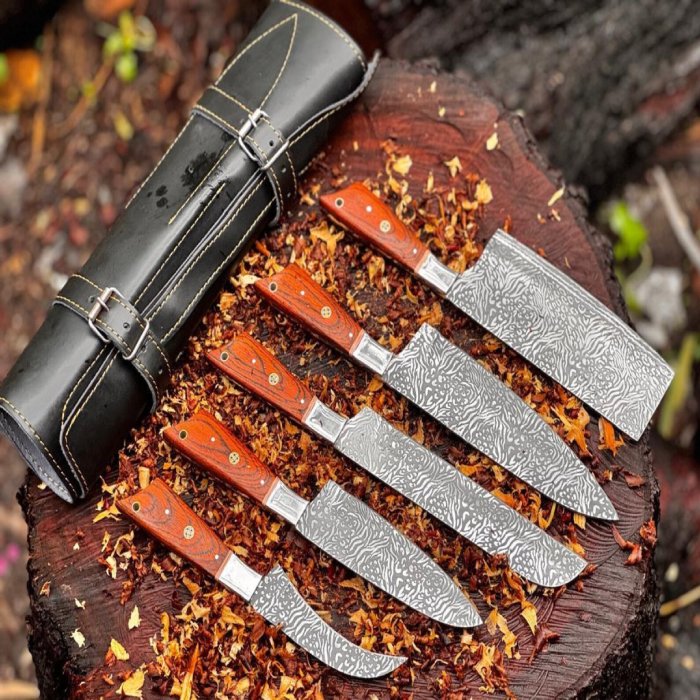 Hand Forged D2 Steel Chef Knife Set: 5-Piece Etched Blade