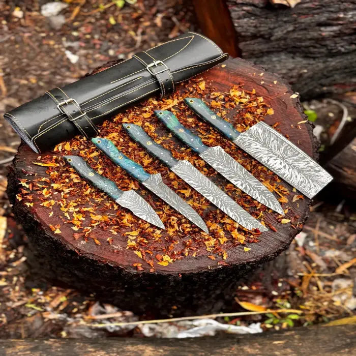 Hand Forged D2 Steel Chef Knife Set: 5-Piece Etched Blade