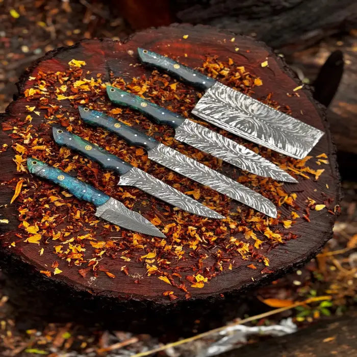 Hand Forged D2 Steel Chef Knife Set: 5-Piece Etched Blade