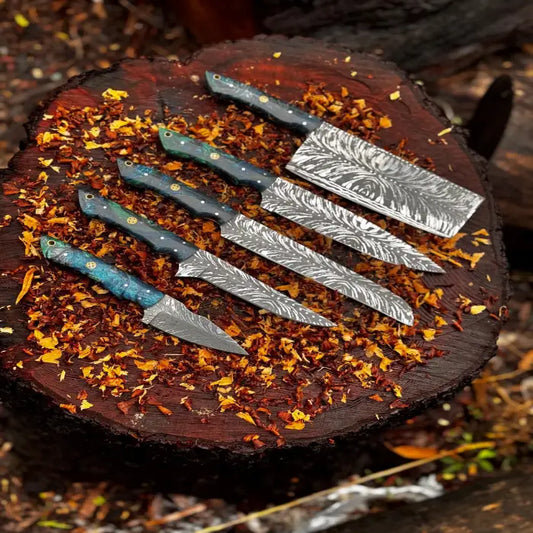Hand Forged D2 Steel Chef Knife Set: 5-Piece Etched Blade
