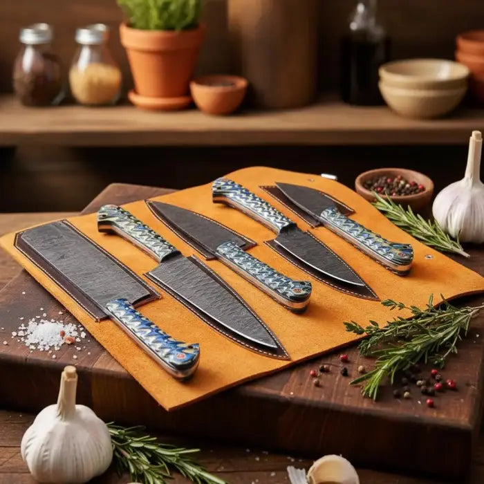 Hand Forged Chef Knife Set - Carbon Steel Kitchen Knives, Rosewood Handle, Personalized Couple Gift