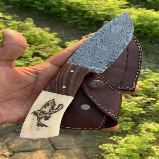 Beautiful Custom Handmade Damascus Steel skinning knife gift ideas family gift birthday gift personlized gift leather sheath