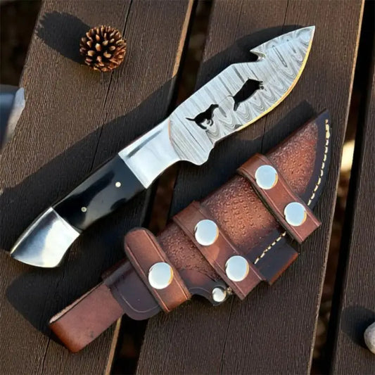 Custom Hand Made Damascus Steel Skinner Knife: Hunting, Camping, and Survival with Leather Sheath