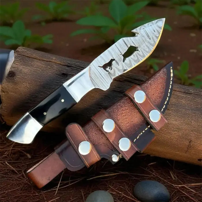 Custom Hand Made Damascus Steel Skinner Knife: Hunting, Camping, and Survival with Leather Sheath