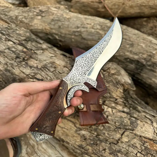 Hand Engraved Camping Knife, Personalized Leather Sheath