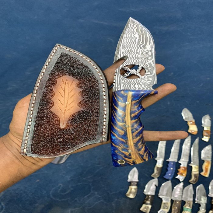 Beautiful Custom Handmade Damascus Steel gut hook skinning knif Resing and leather sheath gift personlized gift ideas family gift birthday