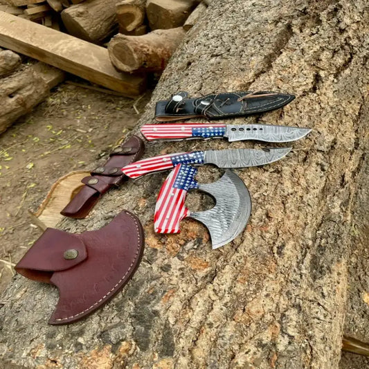 Handmade Damascus Knife & Pizza cutter | American Flag Handle |With Leather Sheath