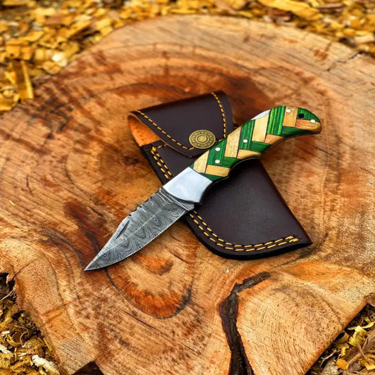 Damascus Hunting Knife with Green Wood Handle, Handmade Fixed Blade Camping Knife, Pocket knife with Leather Sheath, gift for him