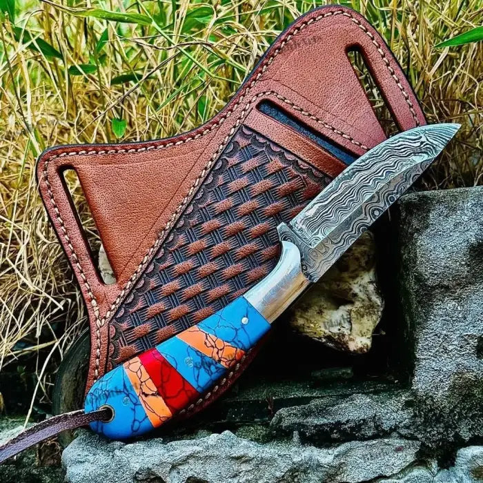 Personalised Handmade Damascus Steel Cowboy Knife With Pinecone Leather Sheath Groomsmen Gift for Him