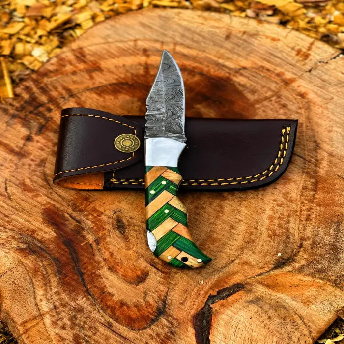 Damascus Hunting Knife with Green Wood Handle, Handmade Fixed Blade Camping Knife, Pocket knife with Leather Sheath, gift for him