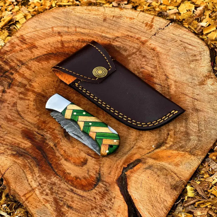 Damascus Hunting Knife with Green Wood Handle, Handmade Fixed Blade Camping Knife, Pocket knife with Leather Sheath, gift for him