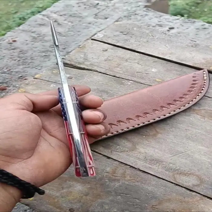 Damascus Gutting Knife 58-60HRC– Hunting Skinning Knife/ USA Flag Handle/ Patriotic Gift For Him