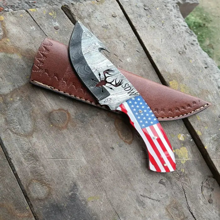 Damascus Gutting Knife 58-60HRC– Hunting Skinning Knife/ USA Flag Handle/ Patriotic Gift For Him