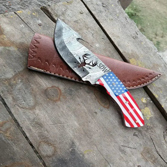 Damascus Gutting Knife 58-60HRC– Hunting Skinning Knife/ USA Flag Handle/ Patriotic Gift For Him