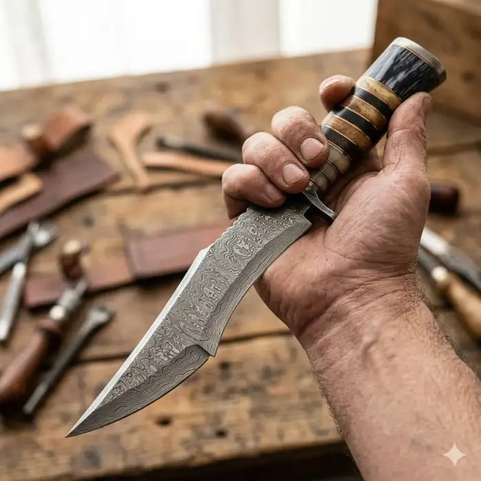 Handmade Damascus Bowie Knife – Clip Point Hunting Knife with Leather Handle