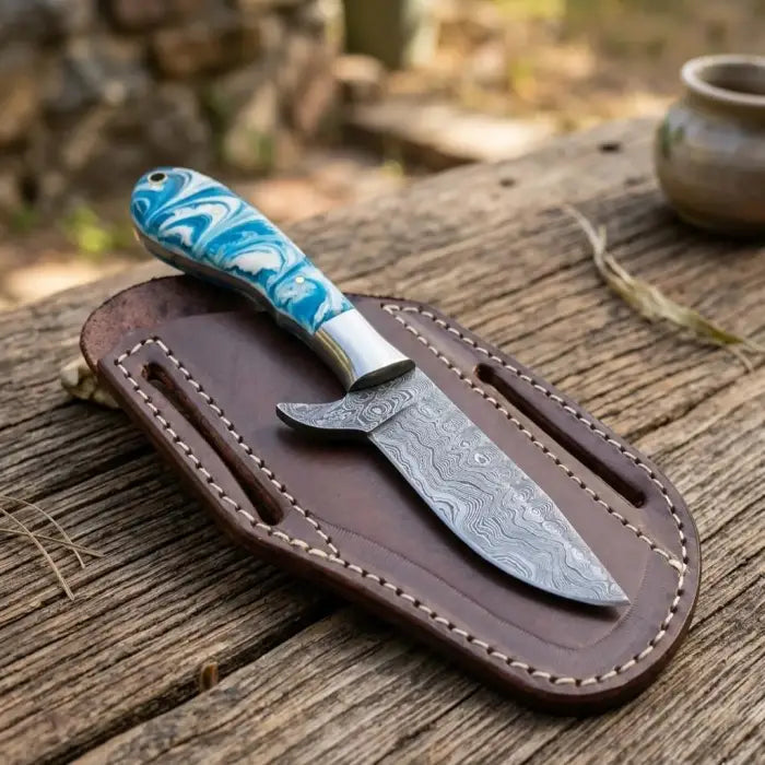 Handmade Damascus steel cowboy and skinner knife with leather sheath hand tooled