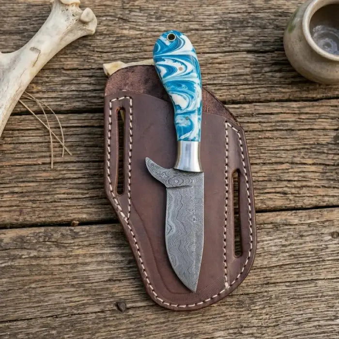 Handmade Damascus steel cowboy and skinner knife with leather sheath hand tooled