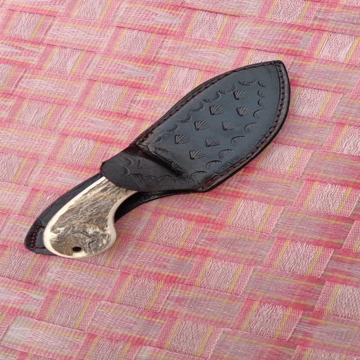 Stag Horn Hunting Knife - Damascus Gut Hook Blade, Bear Cutout, Hunting Camping Tool