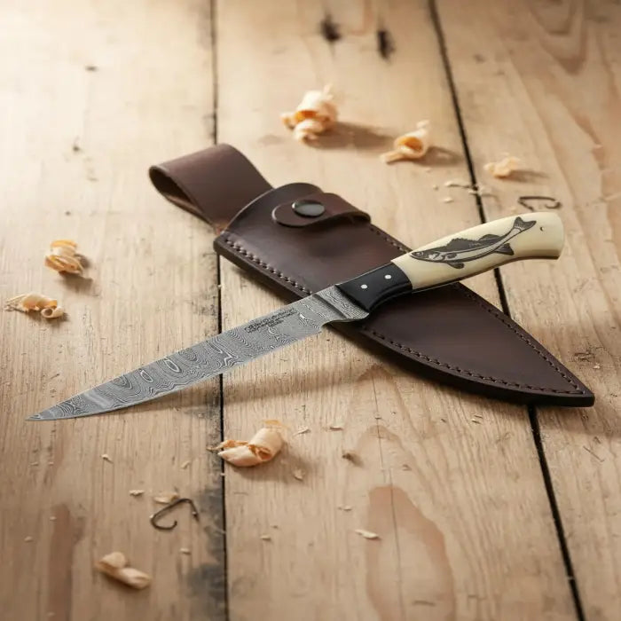 Fishing Fillet Custom Handmade Damascus Knife With Fish Engraving On Handle Personalized Knife