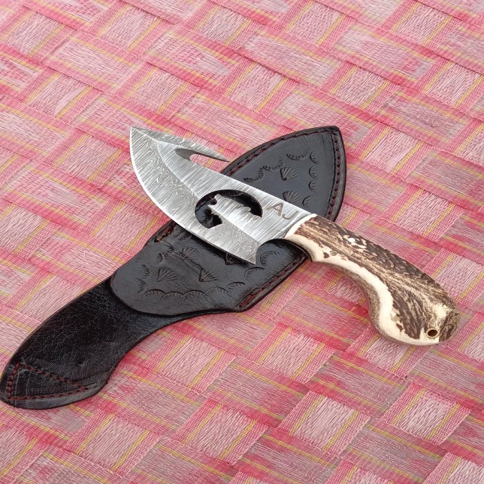 Stag Horn Hunting Knife - Damascus Gut Hook Blade, Bear Cutout, Hunting Camping Tool