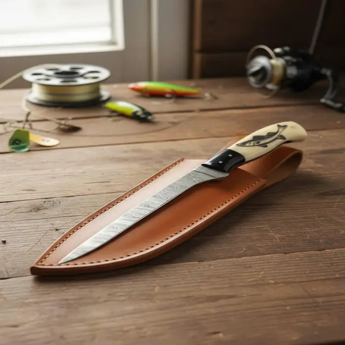 Fishing Fillet Custom Handmade Damascus Knife With Fish Engraving On Handle Personalized Knife