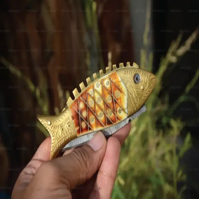 Fish Shaped Damascus Pocket Knife Handmade Folding Knife Gift for Him