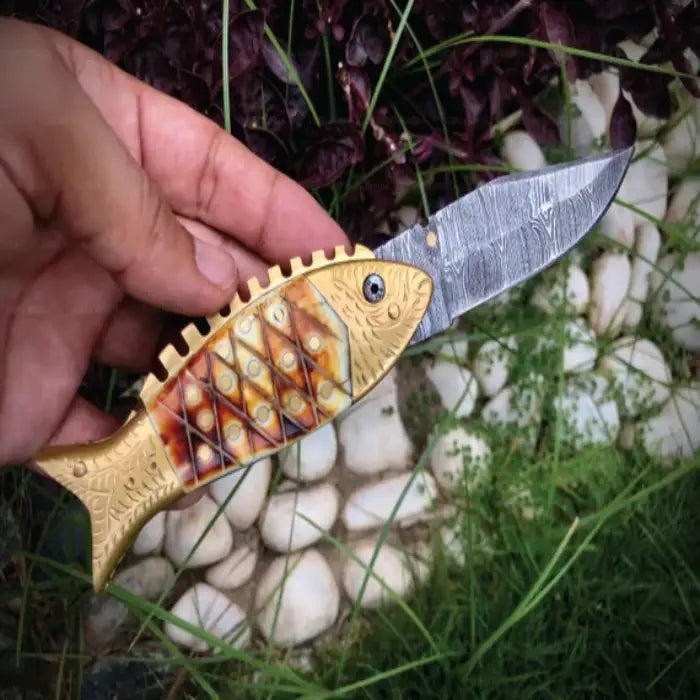 Fish Shaped Damascus Pocket Knife Handmade Folding Knife Gift for Him