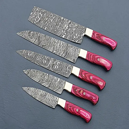 Handmade Kitchen Knife Set Damascus Steel Birthday Gift With Leather Bag