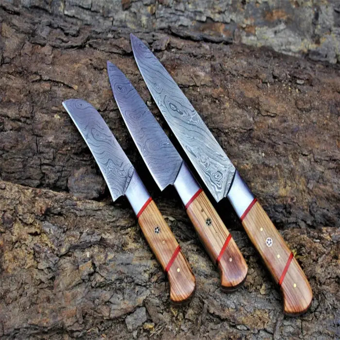 Handmade Damascus Steel Sharp Kitchen Knife Set With Leather Bag