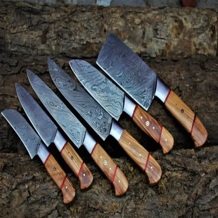 Handmade Damascus Steel Sharp Kitchen Knife Set With Leather Bag