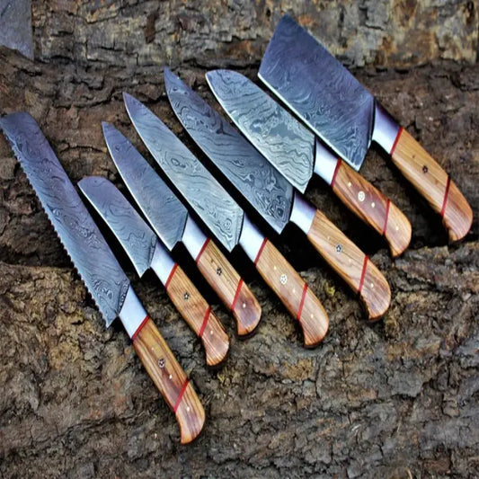 Handmade Damascus Steel Sharp Kitchen Knife Set With Leather Bag