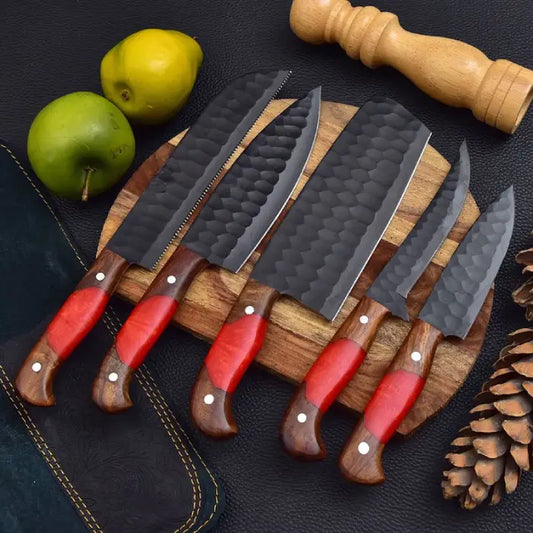 Handcrafted Vintage 5 knives Chef Knife Set With Leather Bag