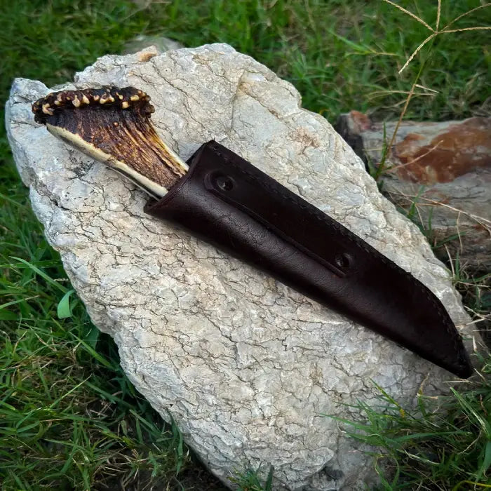 Hand Forged Crown Antler knife With Leather Sheath